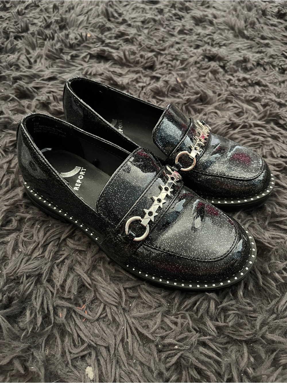 Black Glitter Loafers with Star Chain Detail Girls Size 2